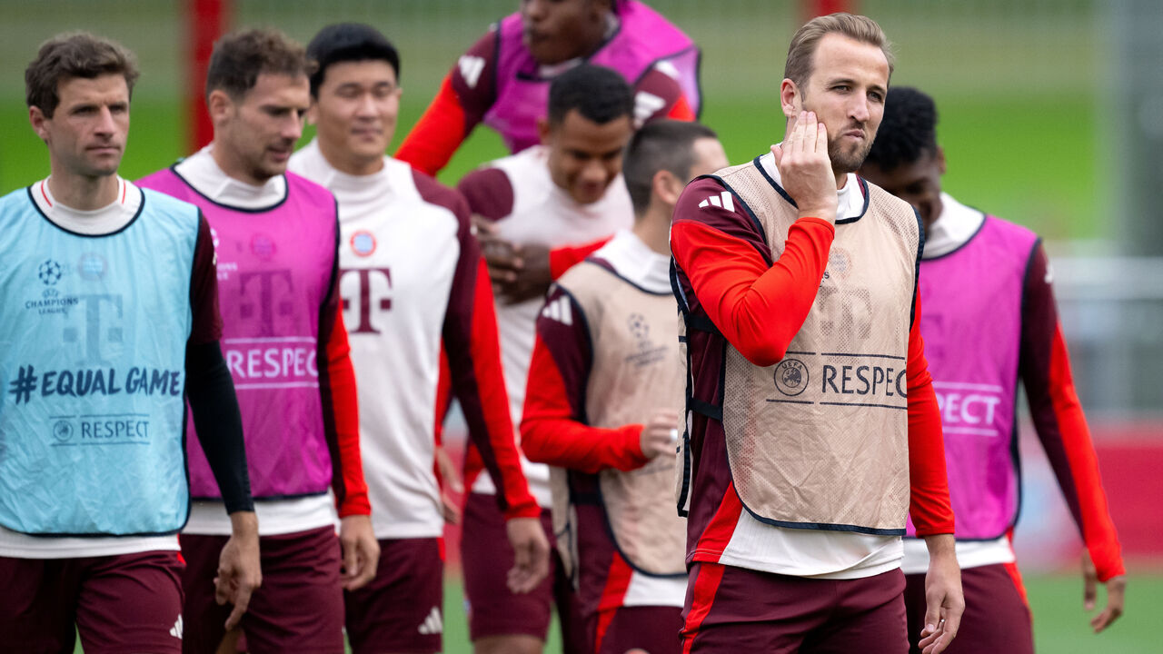 01 October 2024, Bavaria, Munich: Soccer: Champions League, Aston Villa - Bayern Munich, preliminary round, matchday 2. FC Bayern's final training session at the Säbener Straße training ground. Harry Kane in action. Photo: Sven Hoppe/dpa