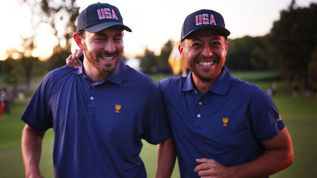 MONTREAL, QUEBEC - SEPTEMBER 28: Patrick Cantlay and Xander Schauffele of the U.S. Team celebrate during Saturday Afternoon Foursomes on day three of the 2024 Presidents Cup at The Royal Montreal Golf Club on September 28, 2024 in Montreal, Quebec, Canada.