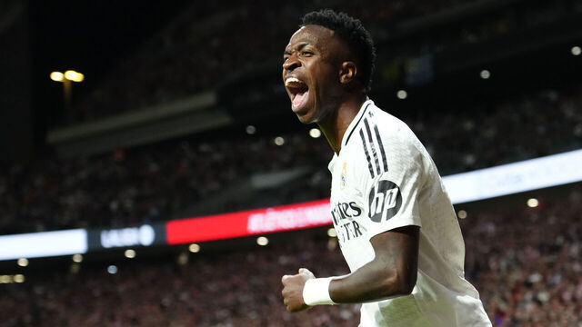 Vinicius Junior left winger of Real Madrid and Brazil reacts during the LaLiga match between Atletico de Madrid and Real Madrid CF at Estadio Civitas Metropolitano on September 29, 2024 in Madrid, Spain.