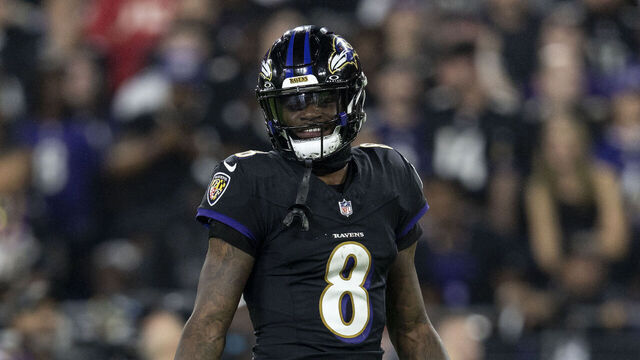 BALTIMORE, MARYLAND - SEPTEMBER 29: Lamar Jackson #8 of the Baltimore Ravens reacts during an NFL football game against the Buffalo Bills at M&T Bank Stadium on September 29, 2024 in Baltimore, Maryland.