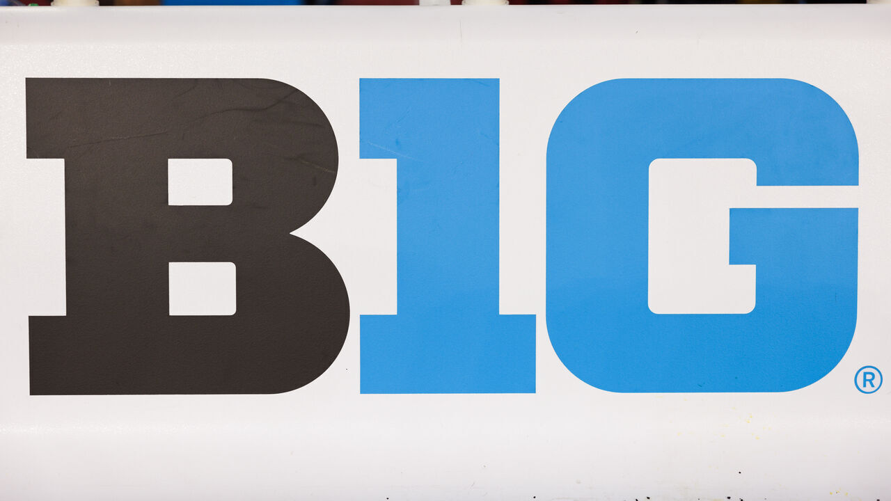 ANN ARBOR, MICHIGAN - SEPTEMBER 21: A detail view of a Big Ten "B1G" logo during the second half between USC Trojans and Michigan Wolverines at Michigan Stadium on September 21, 2024 in Ann Arbor, Michigan.