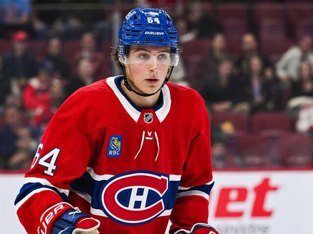 MONTREAL, QC - SEPTEMBER 24: Montreal Canadiens defenseman David Reinbacher (64) tracks the play during the New Jersey Devils versus the Montreal Canadiens preseason game on September 24, 2024, at Bell Centre in Montreal, QC