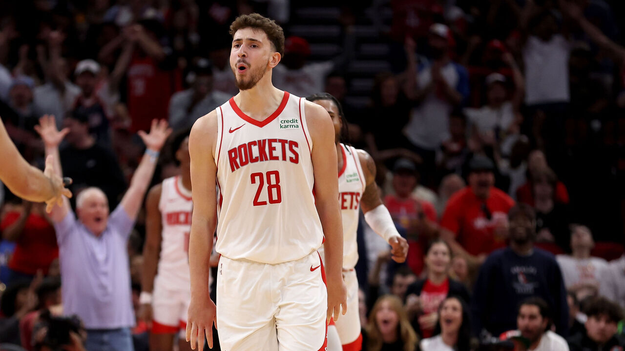 HOUSTON, TEXAS - MARCH 05: Alperen Sengun #28 of the Houston Rockets celebrates in the second half against the San Antonio Spurs at Toyota Center on March 05, 2024 in Houston, Texas.