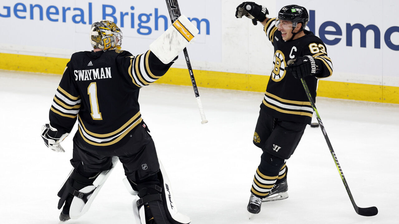Boston, MA - February 19: Boston Bruins goaltender Jeremy Swayman and left wing Brad Marchand react after the game. The Bruins beat the Dallas Stars, 4-3.