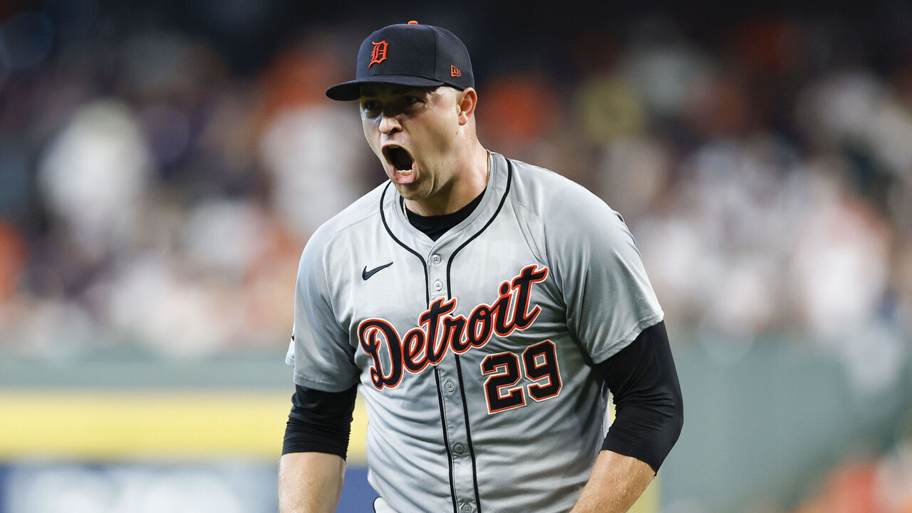 HOUSTON, TEXAS - OCTOBER 01: Tarik Skubal #29 of the Detroit Tigers reacts after recording a strikeout against the Houston Astros to end the fourth inning during Game One of the Wild Card Series at Minute Maid Park on October 01, 2024 in Houston, Texas.