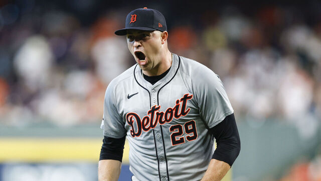 HOUSTON, TEXAS - OCTOBER 01: Tarik Skubal #29 of the Detroit Tigers reacts after recording a strikeout against the Houston Astros to end the fourth inning during Game One of the Wild Card Series at Minute Maid Park on October 01, 2024 in Houston, Texas.