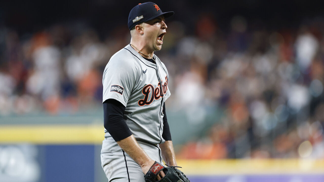 HOUSTON, TEXAS - OCTOBER 01: Tarik Skubal #29 of the Detroit Tigers reacts recording a strikeout against the Houston Astros in the sixth inning during Game One of the Wild Card Series at Minute Maid Park on October 01, 2024 in Houston, Texas.