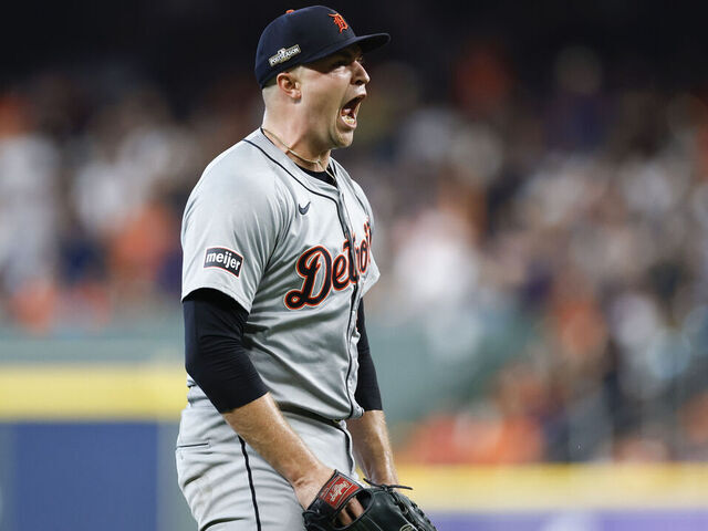 HOUSTON, TEXAS - OCTOBER 01: Tarik Skubal #29 of the Detroit Tigers reacts recording a strikeout against the Houston Astros in the sixth inning during Game One of the Wild Card Series at Minute Maid Park on October 01, 2024 in Houston, Texas.