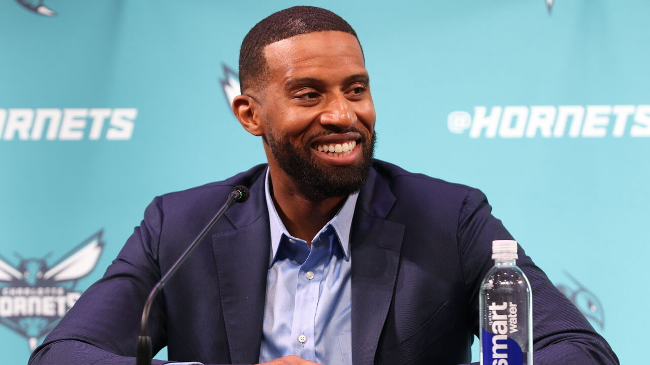 CHARLOTTE, NC - JUNE 28: Head Coach Charles Lee of the Charlotte Hornets smiles during the draft press conference on June 28, 2024 at Spectrum Center in Charlotte, North Carolina. Mandatory Copyright Notice: Copyright 2024 NBAE