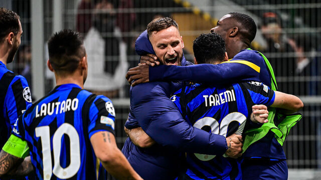 MILAN, ITALY - OCTOBER 1: Inter Milan's Mehdi Taremi celebrates after scoring his team fourth goal on penalty during the UEFA Champions League football match Inter Milan vs Crvena Zvezda Beograd at San Siro Stadium in Milan, Italy on October 1, 2024