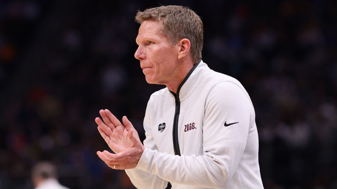DETROIT, MICHIGAN - MARCH 29: Head coach Mark Few of the Gonzaga Bulldogs reacts during the second half against the Purdue Boilermakers in the Sweet 16 round of the NCAA Men's Basketball Tournament at Little Caesars Arena on March 29, 2024 in Detroit, Michigan.