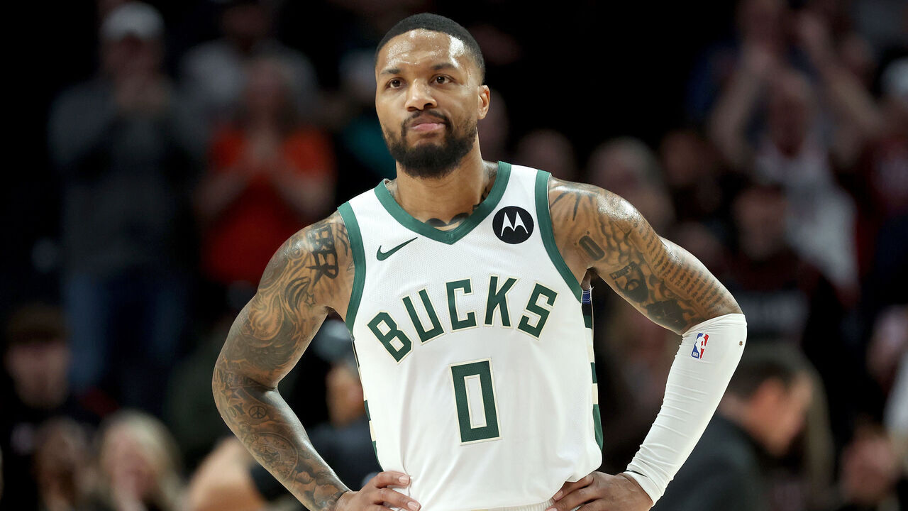 PORTLAND, OREGON - JANUARY 31: Damian Lillard #0 of the Milwaukee Bucks reacts during the second quarter against the Portland Trail Blazers at Moda Center on January 31, 2024 in Portland, Oregon.