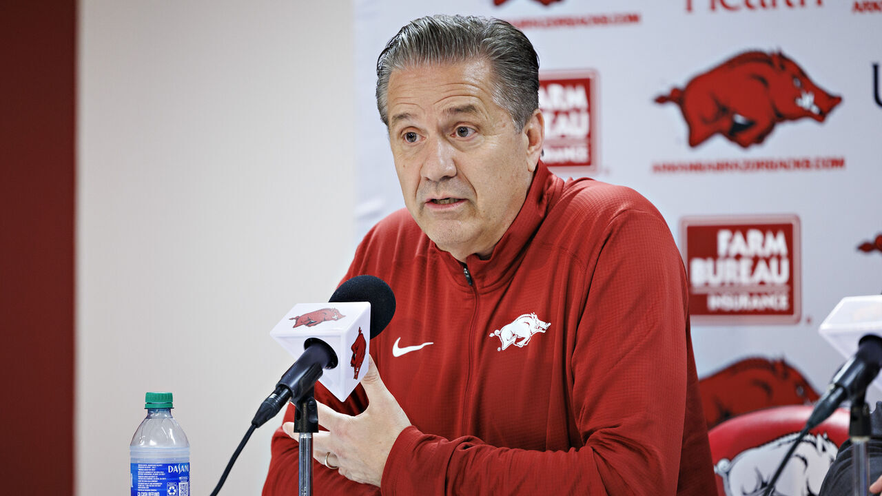 FAYETTEVILLE, ARKANSAS - APRIL 10: New Arkansas Razorbacks basketball head coach John Calipari holds his first news conference after his introduction at Bud Walton Arena on April 10, 2024 in Fayetteville, Arkansas.