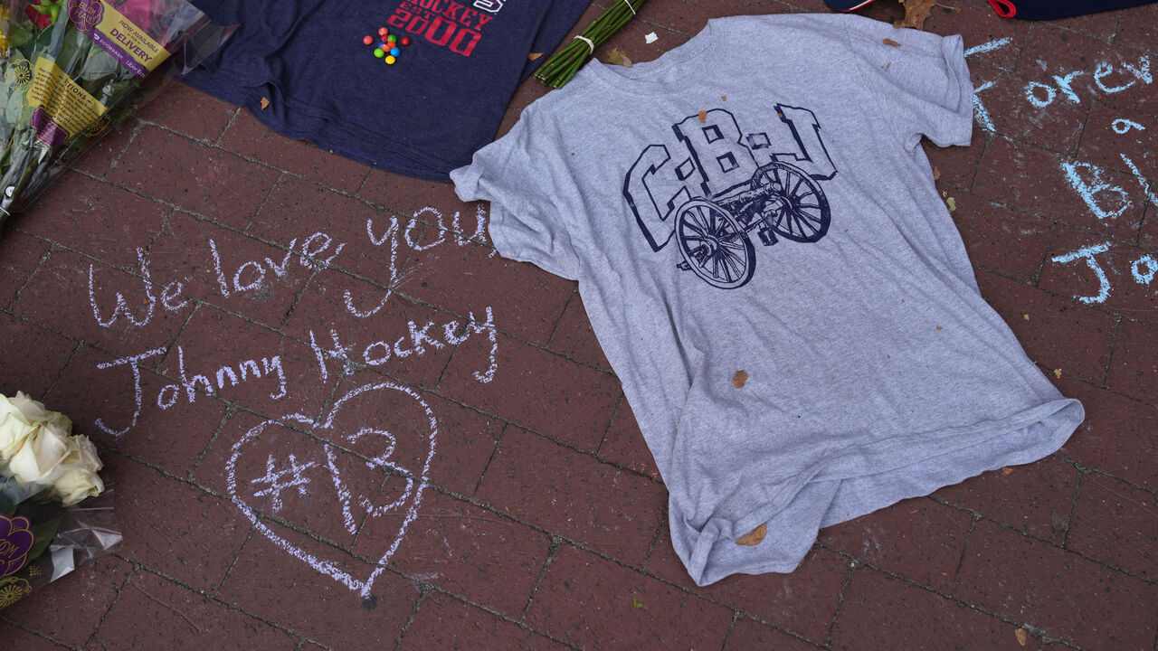COLUMBUS, OHIO - AUGUST 31: A makeshift memorial grows outside Nationwide Arena for Columbus Blue Jackets forward Johnny Gaudreau at Nationwide Arena on August 31, 2024 in Columbus, Ohio.