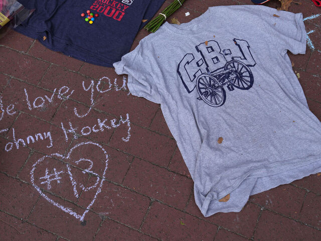 COLUMBUS, OHIO - AUGUST 31: A makeshift memorial grows outside Nationwide Arena for Columbus Blue Jackets forward Johnny Gaudreau at Nationwide Arena on August 31, 2024 in Columbus, Ohio.