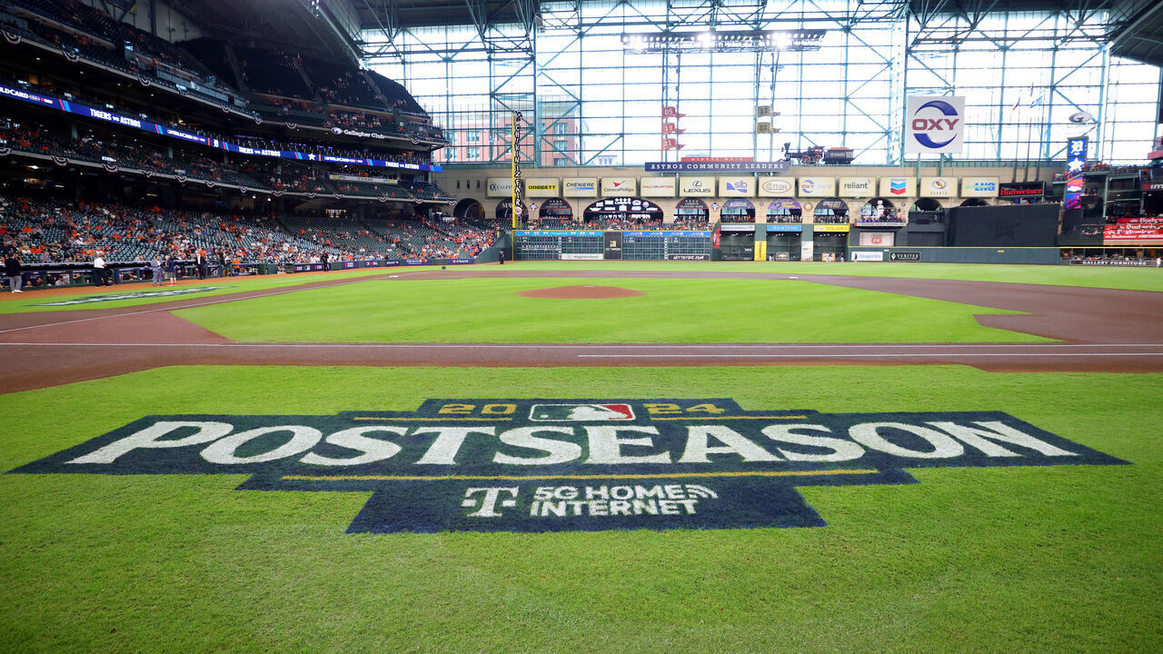 HOUSTON, TEXAS - OCTOBER 01: A general view of the 2024 Postseason logo on the field prior to Game One of the Wild Card Series between the Detroit Tigers and Houston Astros at Minute Maid Park on October 01, 2024 in Houston, Texas.