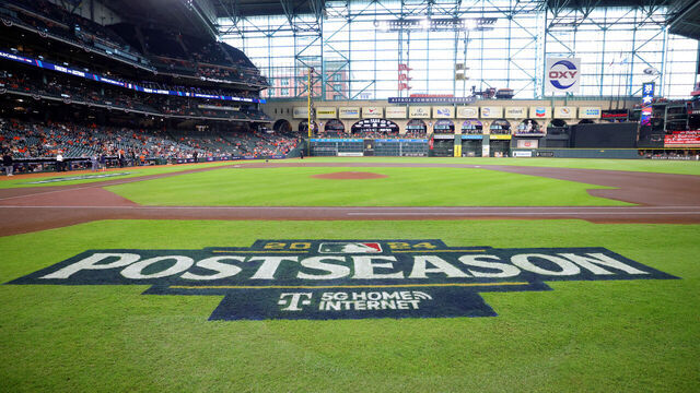 HOUSTON, TEXAS - OCTOBER 01: A general view of the 2024 Postseason logo on the field prior to Game One of the Wild Card Series between the Detroit Tigers and Houston Astros at Minute Maid Park on October 01, 2024 in Houston, Texas.
