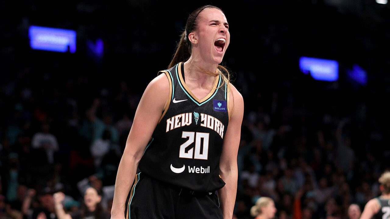 NEW YORK, NEW YORK - OCTOBER 01: Sabrina Ionescu #20 of the New York Liberty celebrates a turnover in the first half of Game Two of the WNBA Semifinals against the Las Vegas Aces at Barclays Center on October 01, 2024 in New York City.