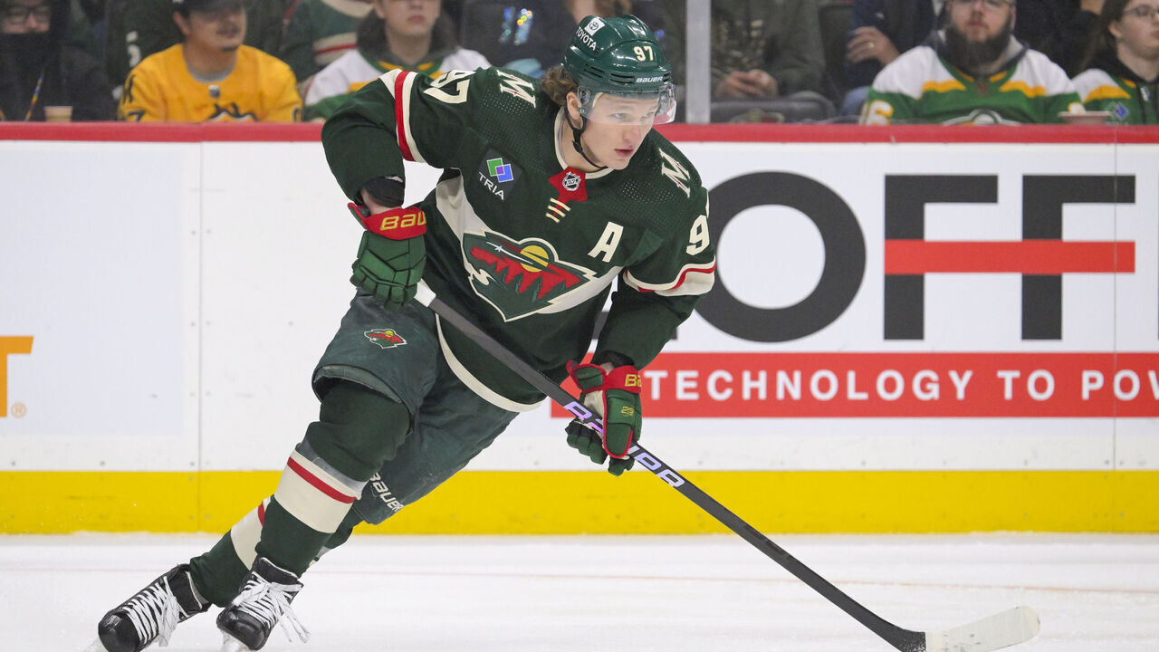 ST. PAUL, MN - APRIL 18: Minnesota Wild forward Kirill Kaprizov (97) turns up ice during the first period of an NHL game between the Minnesota Wild and Seattle Kraken on April 18, 2024, at Xcel Energy Center in St. Paul, MN.