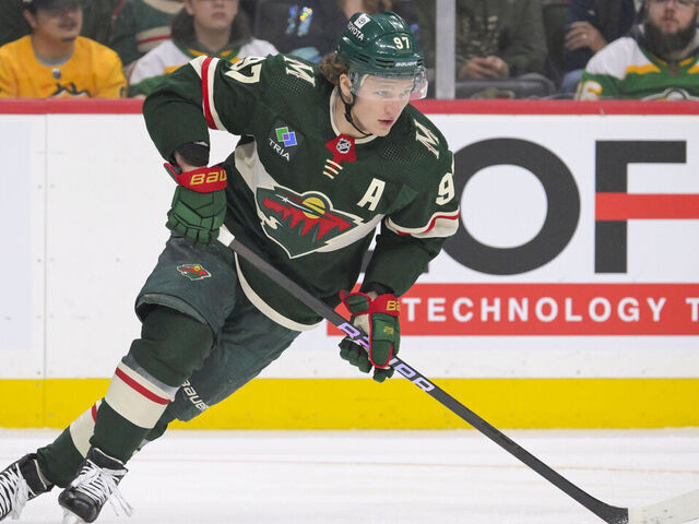 ST. PAUL, MN - APRIL 18: Minnesota Wild forward Kirill Kaprizov (97) turns up ice during the first period of an NHL game between the Minnesota Wild and Seattle Kraken on April 18, 2024, at Xcel Energy Center in St. Paul, MN.
