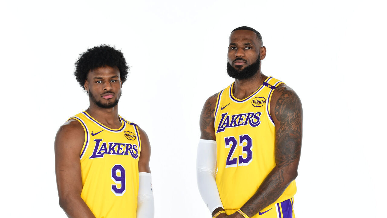 EL SEGUNDO, CA - SEPTEMBER 30: Bronny James #9 and LeBron James #23 of the Los Angeles Lakers pose for a portrait during NBA Media Day on September 30, 2024 at UCLA Health Training Center in El Segundo, California. Mandatory Copyright Notice: Copyright 2024 NBAE
