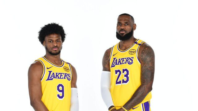 EL SEGUNDO, CA - SEPTEMBER 30: Bronny James #9 and LeBron James #23 of the Los Angeles Lakers pose for a portrait during NBA Media Day on September 30, 2024 at UCLA Health Training Center in El Segundo, California. Mandatory Copyright Notice: Copyright 2024 NBAE