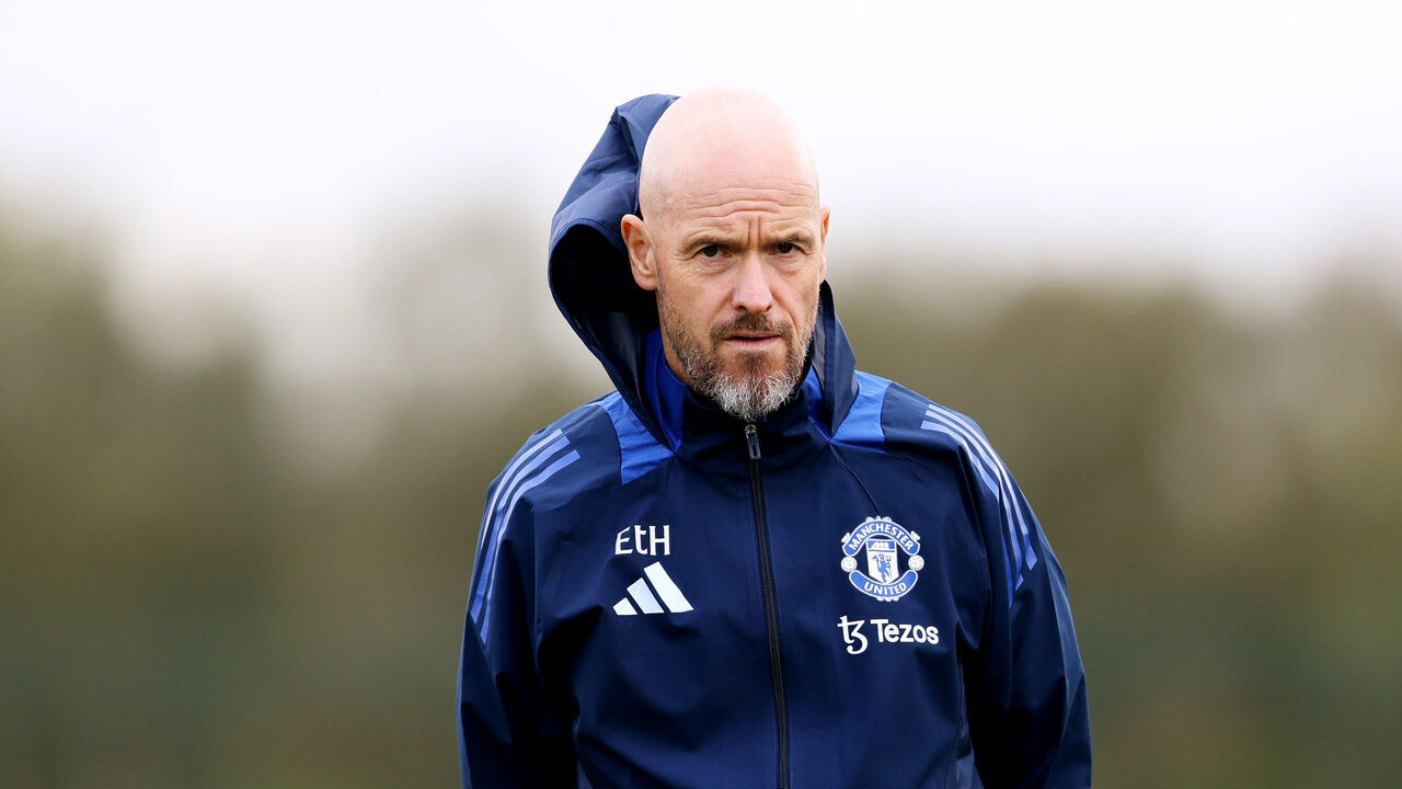 MANCHESTER, ENGLAND - OCTOBER 02: Erik ten Hag, Manager of Manchester United, looks on during the UEFA Europa League 2024/25 League Phase MD2 training and press conference at Carrington Training Ground on October 02, 2024 in Manchester, England.