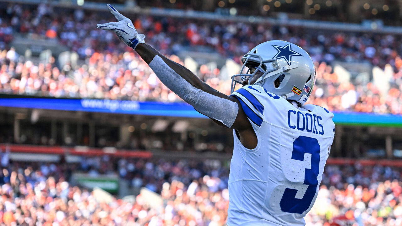 CLEVELAND, OHIO - SEPTEMBER 08: Brandin Cooks #3 of the Dallas Cowboys celebrates catching a 21-yard touchdown pass during the first quarter against the Cleveland Browns at Huntington Bank Field on September 08, 2024 in Cleveland, Ohio.