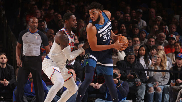 NEW YORK, NY - JANUARY 1: Karl-Anthony Towns #32 of the Minnesota Timberwolves handles the ball during the game against the New York Knicks on January 1, 2024 at Madison Square Garden in New York City, New York. Mandatory Copyright Notice: Copyright 2024 NBAE