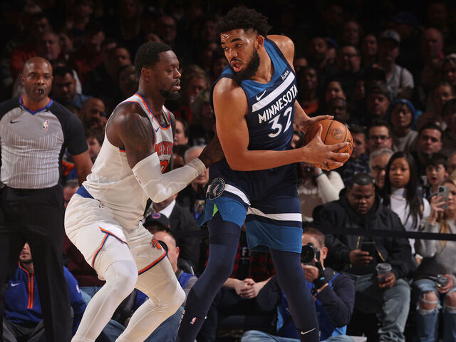 NEW YORK, NY - JANUARY 1: Karl-Anthony Towns #32 of the Minnesota Timberwolves handles the ball during the game against the New York Knicks on January 1, 2024 at Madison Square Garden in New York City, New York. Mandatory Copyright Notice: Copyright 2024 NBAE