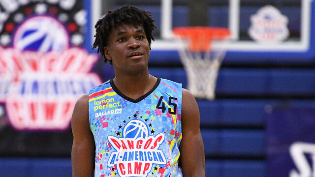 LAS VEGAS, NV - JUNE 05: Tounde Yessoufou looks on during the Pangos All-American Camp on June 5, 2023 at the Bishop Gorman High School in Las Vegas, NV.