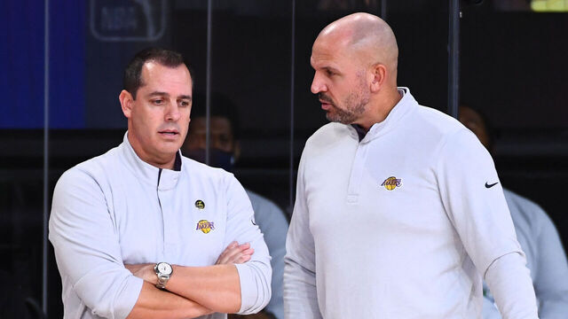 ORLANDO, FL - OCTOBER 4: Head Coach Frank Vogel of the Los Angeles Lakers and Assistant Coach Jason Kidd of the Los Angeles Lakers talk during Game Three of the NBA Finals on October 4, 2020 at the AdventHealth Arena at ESPN Wide World Of Sports Complex in Orlando, Florida. NOTE TO USER: User expressly acknowledges and agrees that, by downloading and/or using this Photograph, user is consenting to the terms and conditions of the Getty Images License Agreement. Mandatory Copyright Notice: Copyright 2020 NBAE