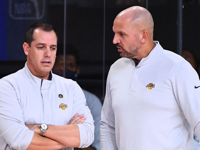 ORLANDO, FL - OCTOBER 4: Head Coach Frank Vogel of the Los Angeles Lakers and Assistant Coach Jason Kidd of the Los Angeles Lakers talk during Game Three of the NBA Finals on October 4, 2020 at the AdventHealth Arena at ESPN Wide World Of Sports Complex in Orlando, Florida. NOTE TO USER: User expressly acknowledges and agrees that, by downloading and/or using this Photograph, user is consenting to the terms and conditions of the Getty Images License Agreement. Mandatory Copyright Notice: Copyright 2020 NBAE