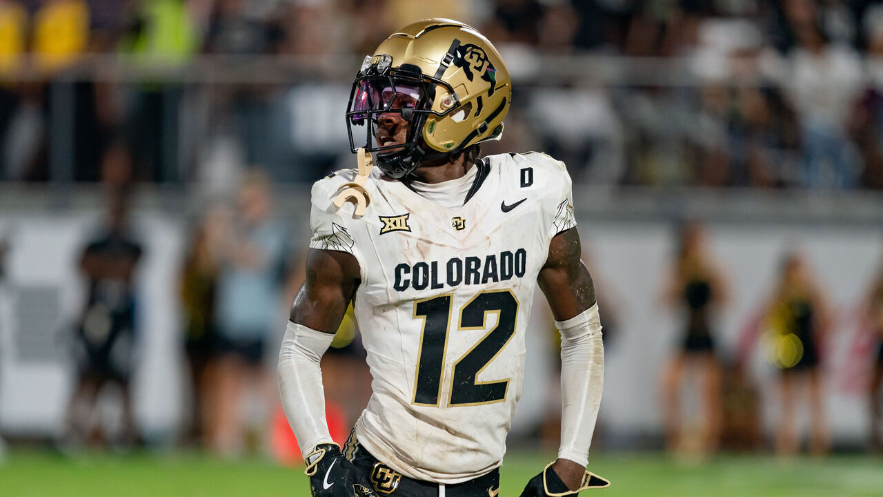 ORLANDO, FL - SEPTEMBER 28: Colorado Buffaloes wide receiver Travis Hunter (12) watches the play down field during a college football game between the Colorado Buffaloes and the UCF Knights on September 28th, 2024 at FBC Mortgage Stadium in Orlando, FL.
