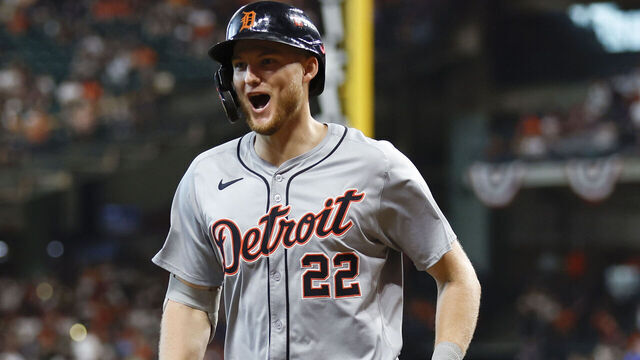 HOUSTON, TEXAS - OCTOBER 02: Parker Meadows #22 of the Detroit Tigers celebrates after hitting a home run against the Houston Astros in the sixth inning during Game Two of the Wild Card Series at Minute Maid Park on October 02, 2024 in Houston, Texas.