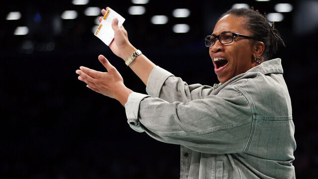 NEW YORK, NEW YORK - SEPTEMBER 24: Head coach Tanisha Wright of the Atlanta Dream reacts during the first half against the New York Liberty in Game Two of Round One of the WNBA Playoffs at Barclays Center on September 24, 2024 in the Brooklyn borough of New York City.