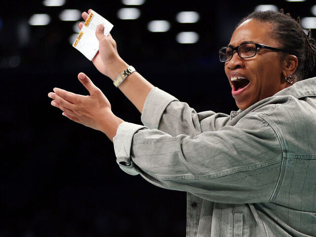 NEW YORK, NEW YORK - SEPTEMBER 24: Head coach Tanisha Wright of the Atlanta Dream reacts during the first half against the New York Liberty in Game Two of Round One of the WNBA Playoffs at Barclays Center on September 24, 2024 in the Brooklyn borough of New York City.