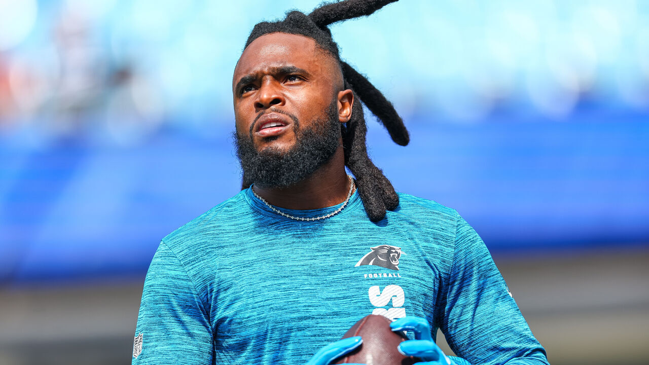 CHARLOTTE, NC - SEPTEMBER 15: Diontae Johnson #5 of the Carolina Panthers warms up before a football game against the Los Angeles Chargers at Bank of America Stadium on September 15, 2024 in Charlotte, North Carolina.