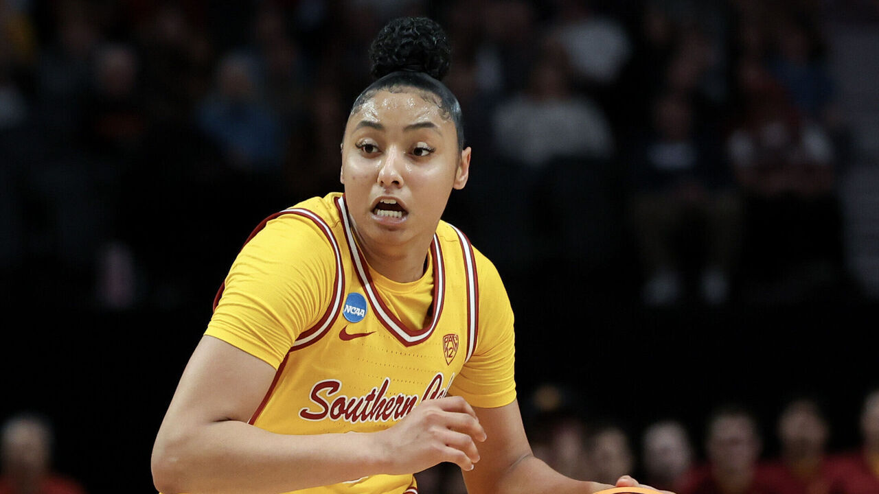 PORTLAND, OREGON - APRIL 01: JuJu Watkins #12 of the USC Trojans drives during the first half against the Connecticut Huskies in the Elite 8 round of the NCAA Women's Basketball Tournament at Moda Center on April 01, 2024 in Portland, Oregon.