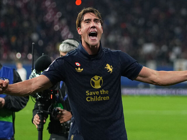 Duan Vlahovi of Juventus with post game celebration during the Champions League Round 2 match between RB Leipzig v Juventus, Red Bull Arena on October 2, 2024.