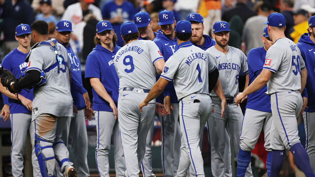 BALTIMORE, MARYLAND - OCTOBER 01: Members of the Kansas City Royals celebrate after defeating the Baltimore Orioles in Game One of the Wild Card Series at Oriole Park at Camden Yards on October 01, 2024 in Baltimore, Maryland.