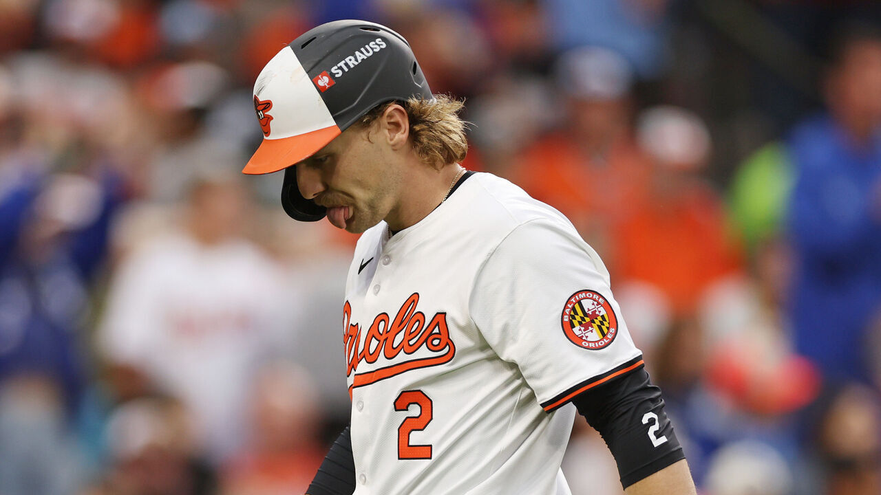 BALTIMORE, MARYLAND - OCTOBER 01: Gunnar Henderson #2 of the Baltimore Orioles reacts after striking out against the Kansas City Royals during the fifth inning of Game One of the Wild Card Series at Oriole Park at Camden Yards on October 01, 2024 in Baltimore, Maryland.