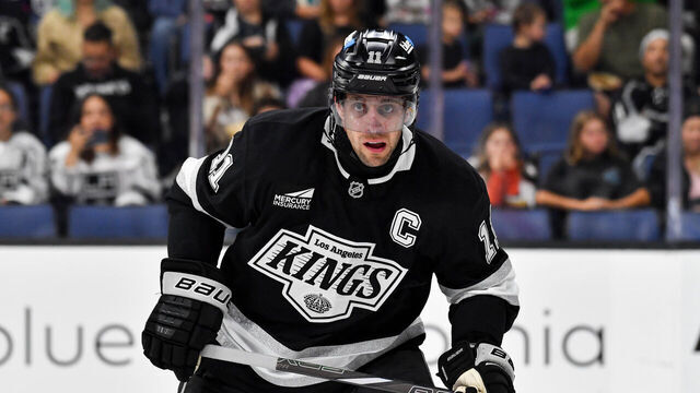 ONTARIO, CA - SEPTEMBER 28: Anze Kopitar #11 of the Los Angeles Kings skates on the ice during the second period in a pre-season game against the Anaheim Ducks at the Toyota Arena on September 28, 2024 in Ontario, California.