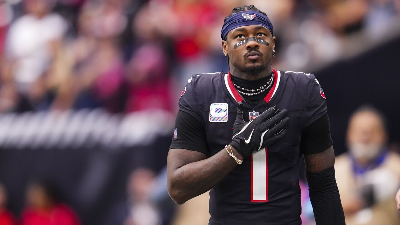 HOUSTON, TX - SEPTEMBER 29: Stefon Diggs #1 of the Houston Texans looks on from the sideline prior to an NFL football game against the Jacksonville Jaguars at NRG Stadium on September 29, 2024 in Houston, Texas.
