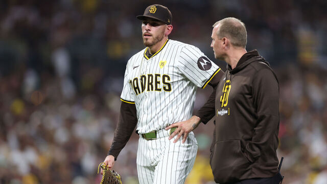 SAN DIEGO, CALIFORNIA - OCTOBER 02: Joe Musgrove #44 of the San Diego Padres leaves the game against the Atlanta Braves during the fourth inning in Game Two of the Wild Card Series at Petco Park on October 02, 2024 in San Diego, California.