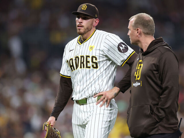 SAN DIEGO, CALIFORNIA - OCTOBER 02: Joe Musgrove #44 of the San Diego Padres leaves the game against the Atlanta Braves during the fourth inning in Game Two of the Wild Card Series at Petco Park on October 02, 2024 in San Diego, California.