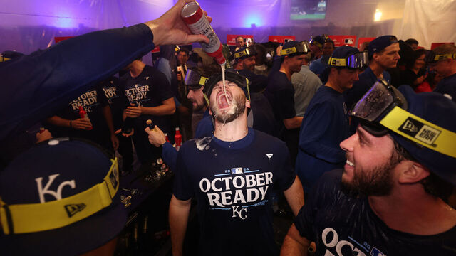 BALTIMORE, MARYLAND - OCTOBER 02: Members of the Kansas City Royals celebrate in the locker room after defeating the Baltimore Orioles in the Wild Card Series at Oriole Park at Camden Yards on October 02, 2024 in Baltimore, Maryland.