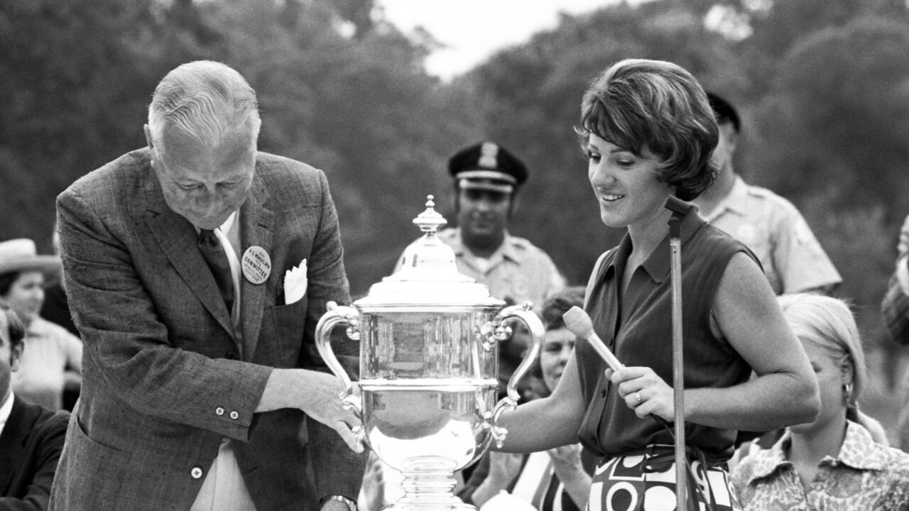MAMARONECK, NY - JULY 2: Susie Berning of the United States gets ready to talk to the crowd after winning the 1972 U.S. Women's Open Golf Championship Trophy on July 2, 1972 at the Winged Foot Golf Club, East Course in Mamaroneck, New York. She finished at plus 11.