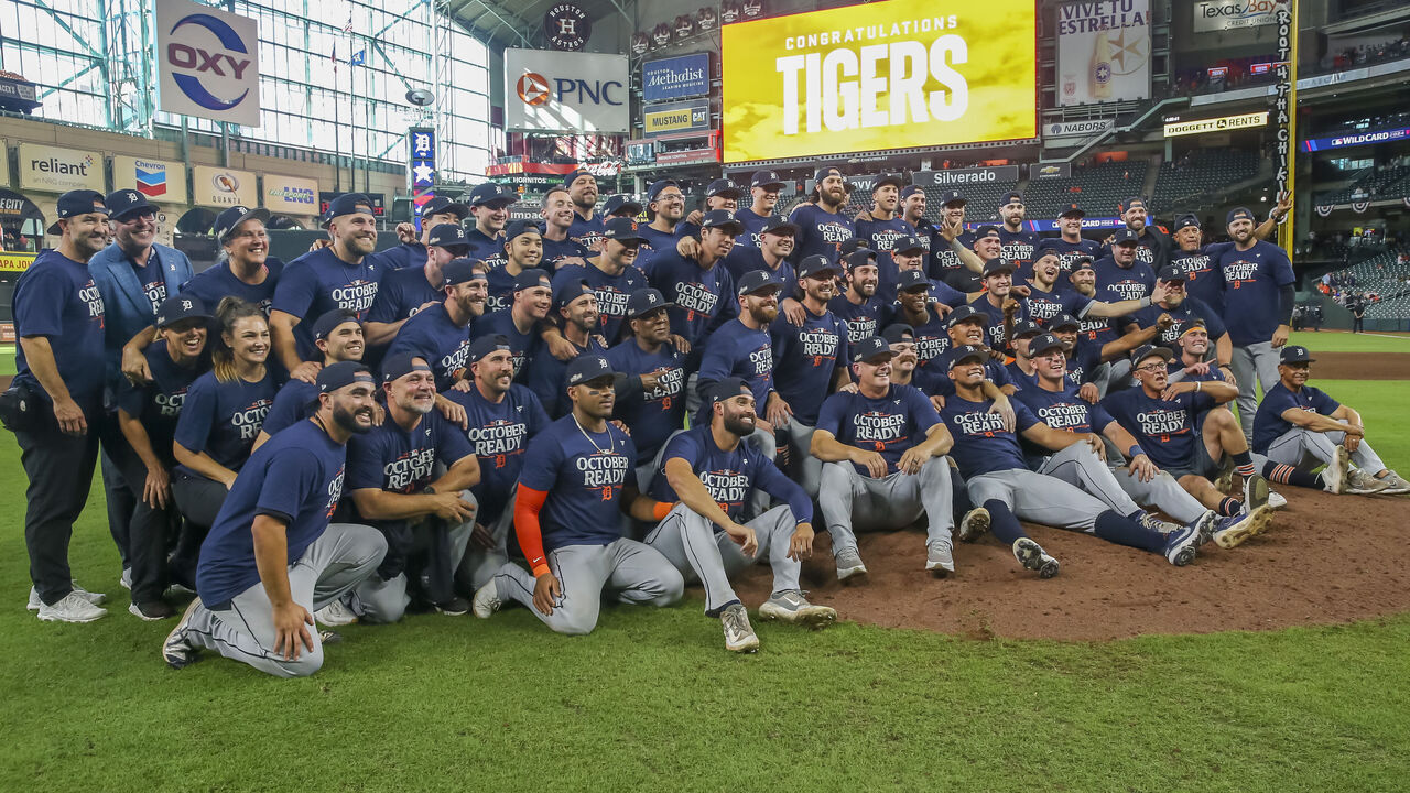 HOUSTON, TX - OCTOBER 02: Detroit Tigers pose for group photo after beating the Houston Astros 5-2 to advance to the ALDS, during the 2024 AL Wild Card Game between the Detroit Tigers and Houston Astros on October 2, 2024 at Minute Maid Park in Houston, Texas.