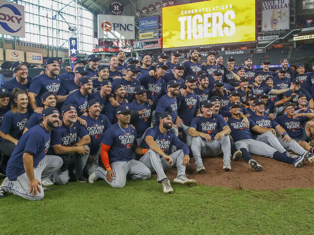 HOUSTON, TX - OCTOBER 02: Detroit Tigers pose for group photo after beating the Houston Astros 5-2 to advance to the ALDS, during the 2024 AL Wild Card Game between the Detroit Tigers and Houston Astros on October 2, 2024 at Minute Maid Park in Houston, Texas.